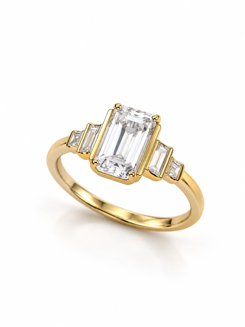 14K Gold Plated Emerald Cut Zirconia Ring Three Stone Engagement Style